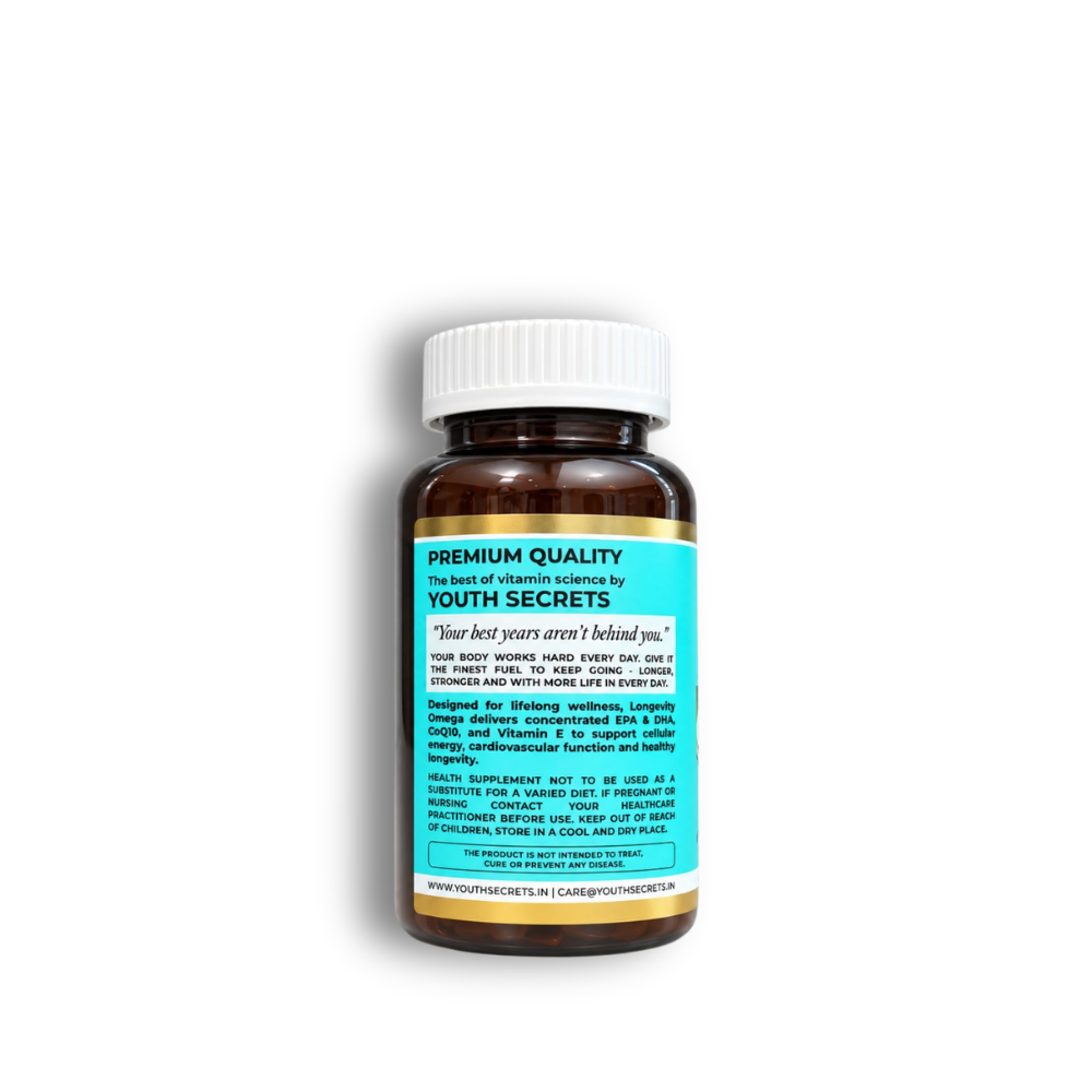 Youth Secrets Longevity Omega-3 fish oil bottle, 60 softgels.