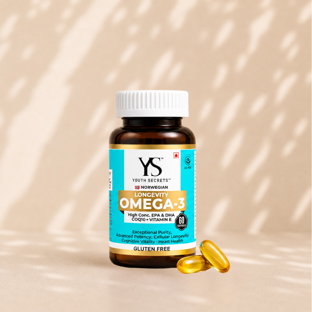 Youth Secrets Longevity Omega-3 fish oil bottle, 60 softgels.